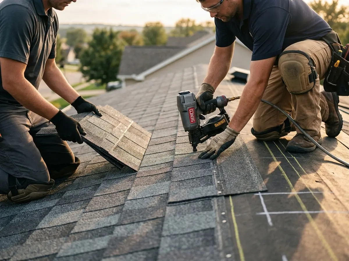 Professional roofer working on a residential roof in St. Charles
